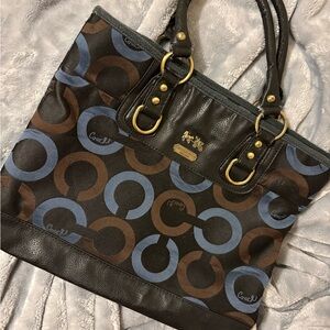 Coach Brown & Blue Signature Ring Tote with Gold Hardware